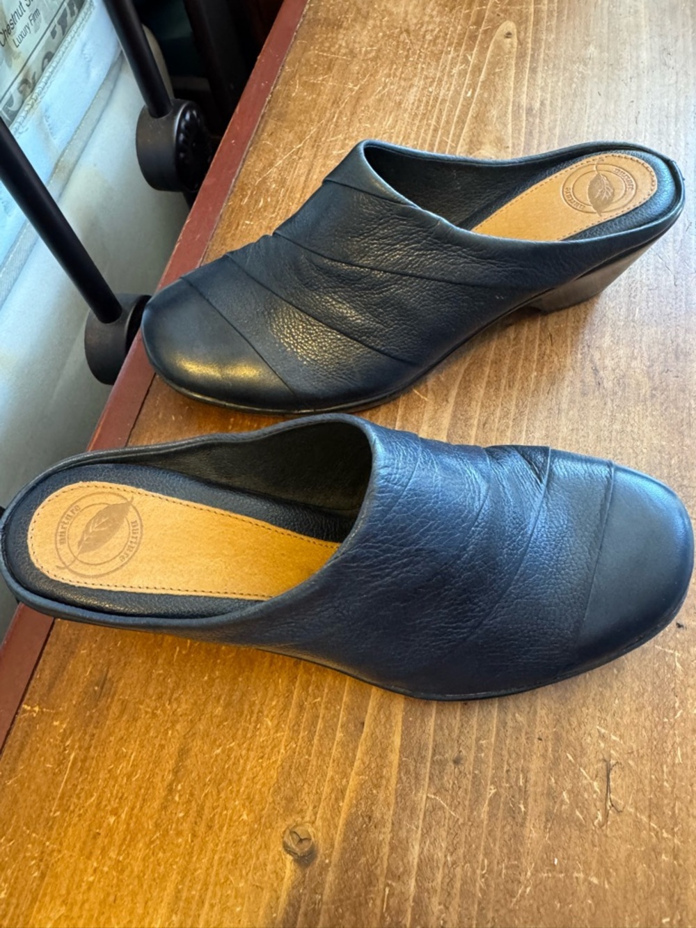 Nurture , Swift Blue Leather Slip-On Mule with Low Heel Size 6.5 med.